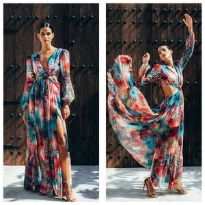 NWT Sukiso Esvedra Gown in Tropical Palm Size Small Cut Out Resort wear Wedding